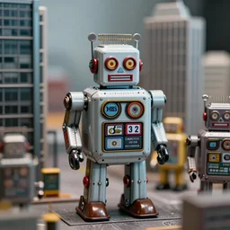 closeup portrait of tin toy retro robot city diorama, depth of field, f 3 2, zeiss lens, detailed, centered, fashion photoshoot, by nicoletta ceccoli, mark ryden, lostfish, breathtaking, 8 k resolution, extremely detailed, beautiful, establishing shot, artistic, hyperrealistic, octane render, - h 8 0 4