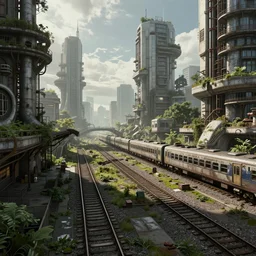 lost beautiful overgrown city futuristic fantasy mixed with polluted industrial city train station