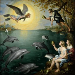 a deep lake filled with fish people, dolphins, flippers hybrid half man half fish, flying and eating frogs, by hieronymus bosch