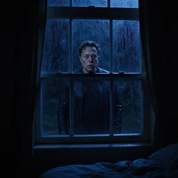dark photo of dark blue rainy bedroom window at night, creepy face of elon musk staring in through the window,