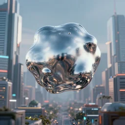 photo of a chrome blob hovering in a dystopic future city