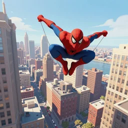 two - point perspective landscape of spiderman swinging across manhattan, trending on art station, by kim jung gi, paul heaston, water color, vibrant lighting