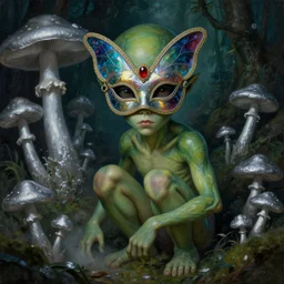 a close - up neoclassicist portrait of a crouching big - eyed alien boy with green skin wearing an iridescent venetian carnival butterfly mask surrounded by silver mushrooms in a jungle at night. reflective textures. glowing fog. highly detailed fantasy science fiction painting by norman rockwell, frank frazetta, and syd mead. rich colors, high contrast, gloomy atmosphere, dark background. artstation