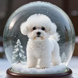 a photorealistic photograph of a white bichon inside of a snow globe. illuminated scene. depth of field. fine detail. this 4 k hd image is trending on artstation, featured on behance, well - rendered, extra crisp, features intricate detail, epic composition and the style of unreal engine.