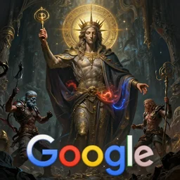 extremely beautiful scene with a religious god of google. by daniel f. gerhartz and artgerm and greg rutkowski, dark fantasy art, intricate details, energetic mood, golden ratio composition, trending on artstation, volumetric lighting, 4 k, 8 k