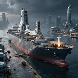 photo of immense gigantic industrial futuristic cargo ship arrives at futuristic city sea port, dark cinematic lighting.