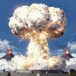 highly detailed illustration of an stomic bomb explosion and lots of high exposure cummulonimbus clouds and active volcanos by makoto shinkai, by oliver vernon, by joseph moncada, by damon soule, by manabu ikeda, by kyle hotz, by dan mumford, by otomo, 4 k resolution