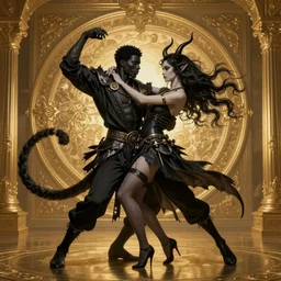 dance of black man and a female devil, Dark Souls 3 themed, in style of Ruan Jia, insanely detailed and intricate, golden ratio, elegant, ornate, luxury, elite, matte painting, cinematic, cgsociety, James jean, Brian froud, ross tran, Laputa