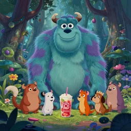 Movie frame from the one big Instagram monster coloured Disney animated motion picture released in 1937, beautiful enchanted forest full of Instagram energy drink critters, directed by Walt Disney,  highly detailed background paintings by Thomas Kinkade