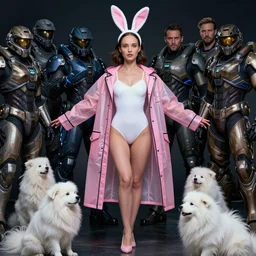 beautiful fantasy character portrait, natalie portman, wearing oversized transparent pink raincoat and white leotard, bunny ears headband, ultra realistic, wide angle, dramatic lighting, little white furry creatures, very seductive pose, mass effect artifacts, highly detailed by peter mohrbacher, hajime sorayama, wayne barlowe, boris vallejo, aaron horkey, gaston bussiere, craig mullins