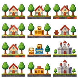 Nine separated HD, 8k, antialized, props containing trees, houses, box, treasures, bricks, castle, from a game asset concept by Jen Zee, Rossdraws, James Jean, Andrei Riabovitchev, 2d side scrolling game , and Sakimichan, trending on artstation , assets