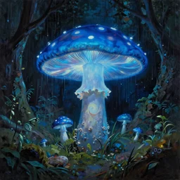 A huge glowing blue mushroom inside a rainforest, eerie vibes, oil painting by Salvador Dali