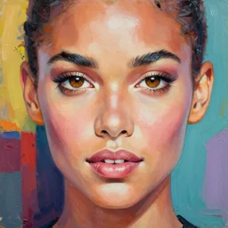 portrait of lauren hill, soft face, precise colors, sexy lips, summer lighting, highly detailed face shot, big brown eyes, colorful background oil and acrylic painting on canvas