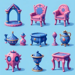 game asset of outcast tribes furniture and decoration, in gouache detailed paintings, props, stylized, 2 d sprites, kitbash, arcane, overwatch, blue and pink color scheme, 8 k, close up