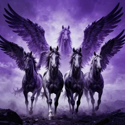 four horseman of the apocalypse with wings, fantastic, hd, 4 k, vignette, only purple colors, purple, black and white