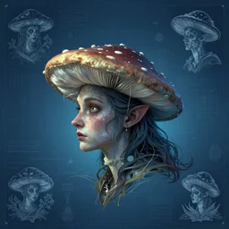 portrait of triangular mushroomfolk head and shoulders, in the style of Greg Broadmore and junji ito and Arthur Rackham and Moebius, trending on artstation, light lighting side view,digital art,surrealism ,macro,blueprint ,vaporwave ,