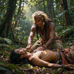 a shaman healing a sick person laying on the ground in the jungle, art by christophe vacher