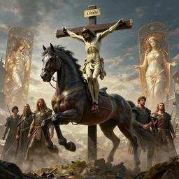 apocalypse war, antichrist, horse, christ on cross, unreal engine 5, cinematic, extremely detailed, 4 k, ilya kuvshinov, magali villeneuve, jeremy lipkin, michael garmash, rob rey, lawren harris, artgerm, alphonse mucha, trending on artstation