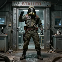 UHD hyperrealistic photorealistic detailed image of a gas-masked Stalker from the Stalker video game series standing in front of an laboratory door, in a ruined underground lab and an heroic pose by Ayami Kojima Amano Karol Bak, Greg Hildebrandt and Mark Brooks