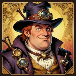 a detailed portrait illustration of a steampunk wizard. plump jovial male face. art nouveau, pop art, comic book style. influenced by neil gaiman, h. p. lovecraft, dan mumford, brian froud, vadim voitekhovitch, richard corben, ross tran.