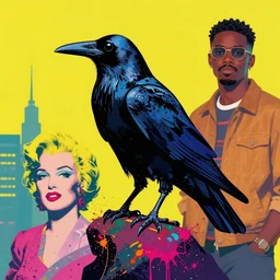 illustration of cyberpunk raven, colorful splatters, by andy warhol and by zac retz and by kezie demessance