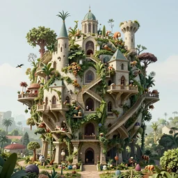 humanoid avatar in a simulated castle at the center of the nearly static slow - motion carnage that engulfed it. the structure was shaped very roughly as a sphere, with a tangle of escher - like stairways, bridges, and balconies covered in an unending variety of plant, animal, and machine life