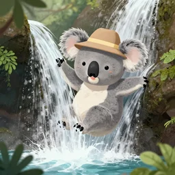 koala bear wearing a hat falling down the waterfall, digital art