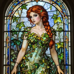 a stunning stained glass window of ariel dressed as a beautiful poison ivy with hair tied in a braid, dark eyeliner, intricate, elegant, highly detailed, digital painting, artstation, concept art, sharp focus, illustration, art by jugendstil and greg rutkowski and alphonse mucha