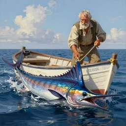 a matte painting of an old man in a fishing skiff as he is pulled out to sea, by a marlin, in the style of greg rutkowski and winslow homer, digital painting, photorealistic, ornately detailed, unreal engine, extremely detailed masterpiece, illustration, trending on artstation
