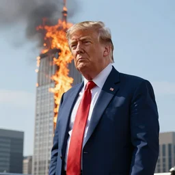 a beautiful photo of donald trump being unfazed by the fact that the trump tower is burning, intricate details, photography, volumetric light, 8 k