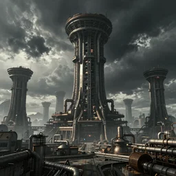 industrial science-fiction landscape, huge mechanical towers, ground full of factories and pipes, under a dark cloudy sky, in the style of Blade Runner