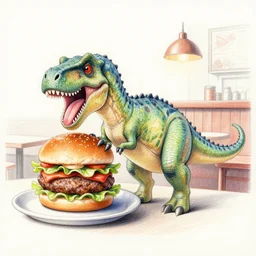 color pencil drawing of a dinosaur eating a burger at a restaurant