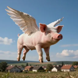 pig flying over romanian village with angel wings in a blue sky, bokeh, dramatic lighting