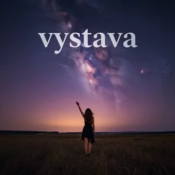 a beautiful landscape of a starry sky with an beautiful woman waving to the horizon, cinematic, dramatic, color grading, photojournalism, colorful, highly detailed, album cover, with text vystava