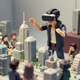 hideo kojima, ps 2 graphics, video game presentation, low poly miniature model city, vintage vr tech, he is enthusiastic, the low poly crowd is bored, dystopia, pale colours with highlights of saturation