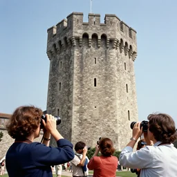 the gigantic medieval tower, 1960's photo, award winning colored, people taking photos with big cameras