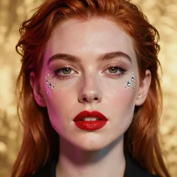 portrait of a woman, close - up, high sharpness, zeiss lens, fashion photoshoot, neon shadows, red hair, red lipstick, against gold, they have rhinestones on their face, ralston crawford, annie leibovitz and steve mccurry, georgia totto o'keeffe,, artistic, hyper - realistic, beautiful face, octane rendering