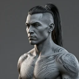 a grey - skinned warrior man with tribal tattoos and an undercut ponytail, realistic shaded, fine details, realistic shaded lighting poster by greg rutkowski, magali villeneuve, artgerm, jeremy lipkin and michael garmash and rob rey