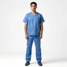 dashing surgeon in scrubs, photorealistic portrait photography, full body, standing, isolated on a pure white background, centered, whole figure in frame, sharp focus, studio lighting