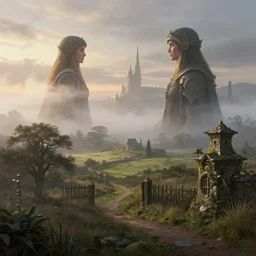british countryside sunrise with mist, deep focus, fantasy, intricate, elegant, highly detailed, digital painting, artstation, concept art, matte, sharp focus, illustration, hearthstone, art by artgerm and greg rutkowski