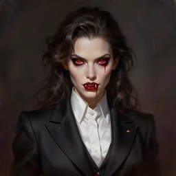 portrait of daria strokous in bloody business suit, blood red eyes, vampire fangs, fantasy, intricate, elegant, highly detailed, digital painting, art by aenaluck and roberto ferri and greg rutkowski, epic fantasy, digital painting