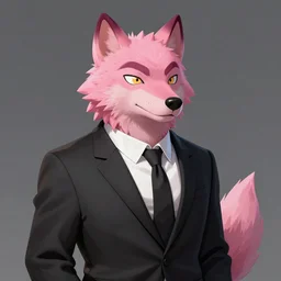 An anthropomorphic pink wolf wearing a black suit