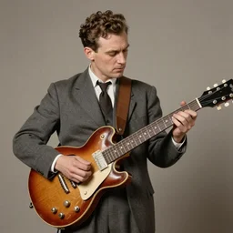 1940's man playing an electric guitar, photorealistic art, hd, 8k, intricate details, high definition, real life