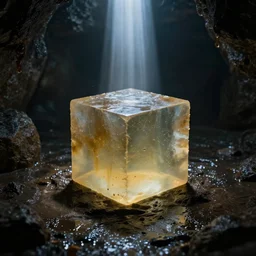 gelatinous cube in a damp dungeon, caustics, centered, light shafts