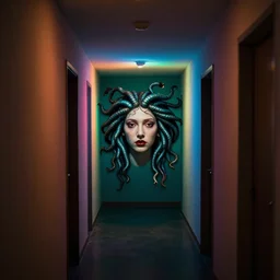 a hallway with colored lights at the end, the face of a medusa appears and heads straight for the camera, by kim jung gi and greg rutkowski