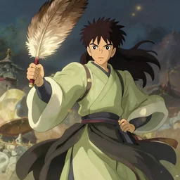 zhuge liang holding feather fan casting magic by greg rutkowski, by studio ghibli, digital art, trending on artstation, hd, 8 k, highly detailed, good lighting, beautiful, epic, masterpiece