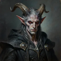 detailed portrait of a male horned Tiefling as a powerful dungeons and dragons warlock, wearing dark robe, intricate, hyper detailed, lovecraftian, realistic, oil painting, by jeff easley, boris vallejo, cinematic lighting