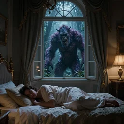 vfx movie scene sleep paralysis night, a monster outside the extravagant bedroom window, natural lighting by emmanuel lubezki
