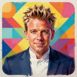 A portrait of Gordon Ramsay, geometric!!! shapes!!!, mural, rounded corners, candy colors, spray paint, bold graphics