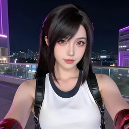 Tifa Lockhart cosplayer selfie, 4k, nightime, neon lighting